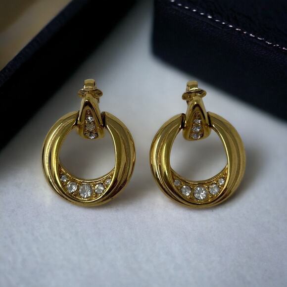 Swarovski Swan Logo Crystal & Gold Tone Dangle Hoop Clip Earrings Minimalist - Picture 2 of 16